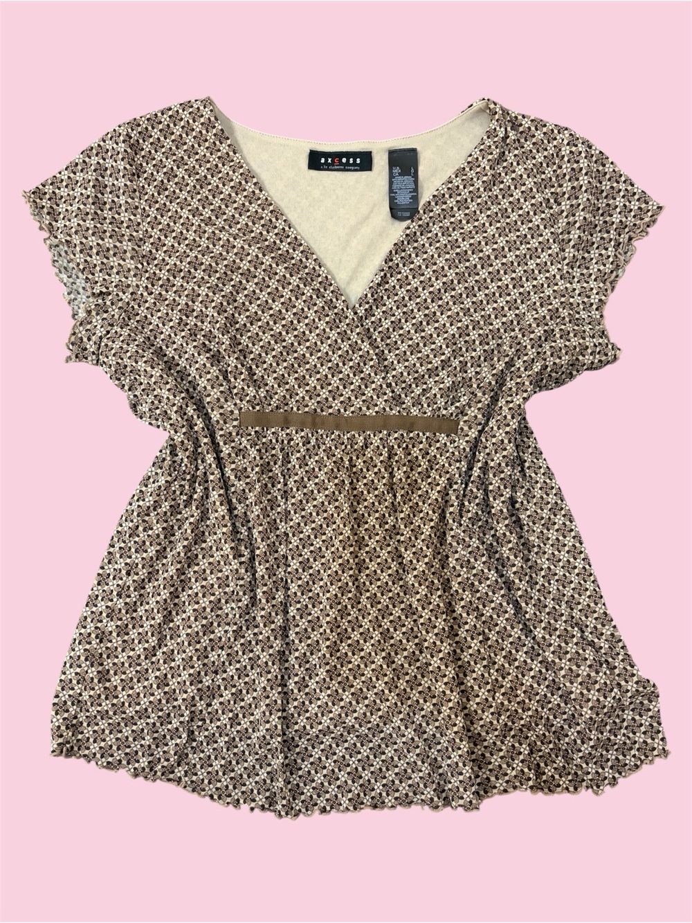 Axcess Brown Geometric V-Neck Short Sleeve Top